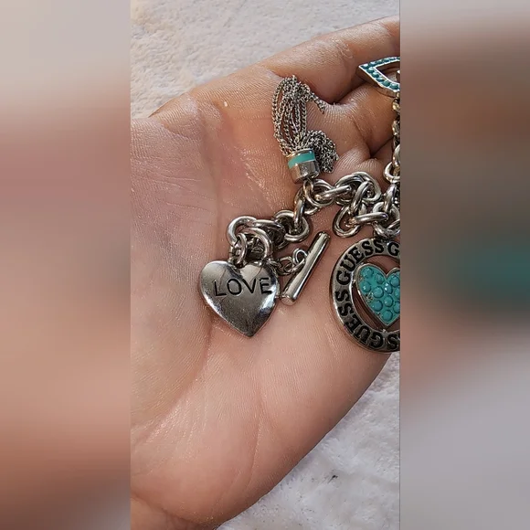 GUESS Silver-Tone Turquoise Heart & Charm Toggle Bracelet - Picture 8 of 11